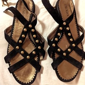 PRADA Size 41EU/9.5US Black and Gold Suede & Leather Gladiator Style Sandals